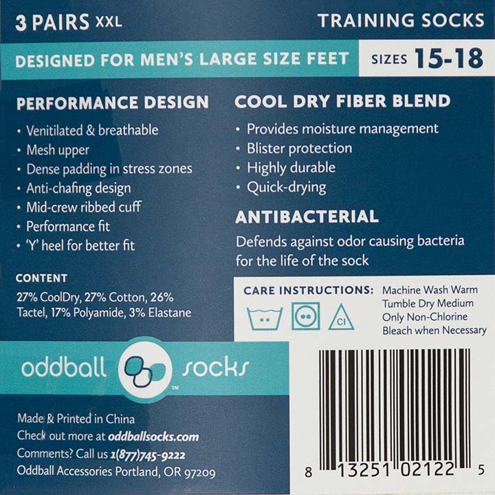 Oddball Performance Training Sock (Multi 3-Pack) (Color: white/grey/black) Men's Size: 15-18 Socks