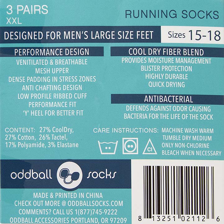 Oddball Performance Running Sock (3-Pack) (Color: black) Men's Size: 15-18 Socks