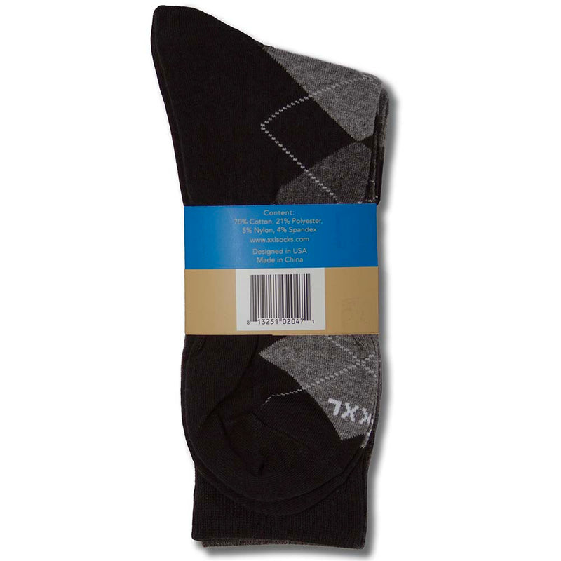 XXL Classic Dress Socks (Multi 3-Pack) (Color: argyle black/grey) Men's Size: 15-18 Socks